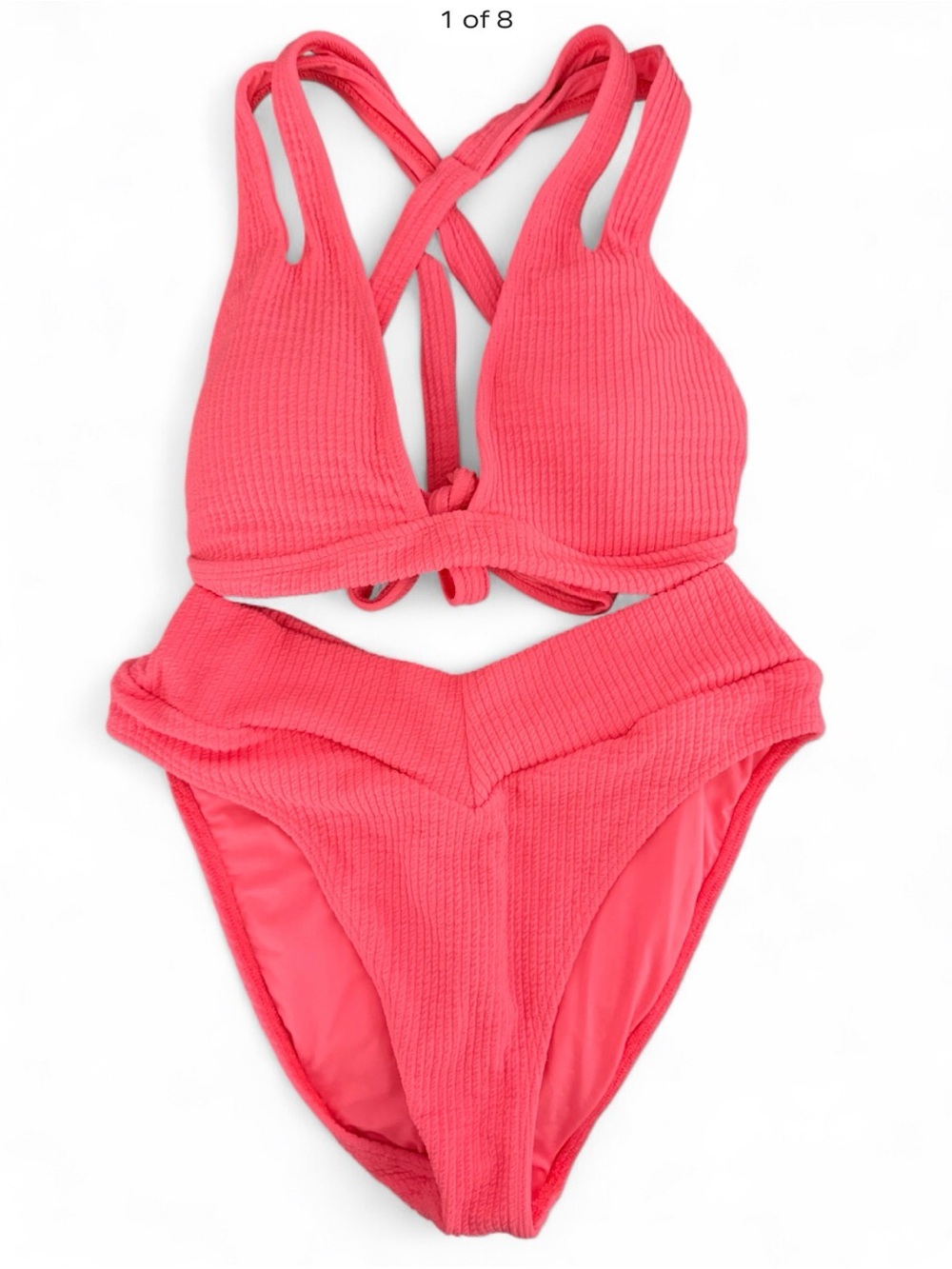 BECCA Coral Pink Ribbed Bikini Swimsuit with Crisscross Back